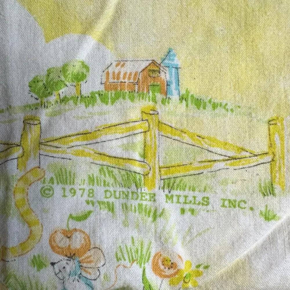 Vtg Dundee Crib Sheet Yellow Bear Bunny Cats Tree Farm 80s Baby Retro Kitschy